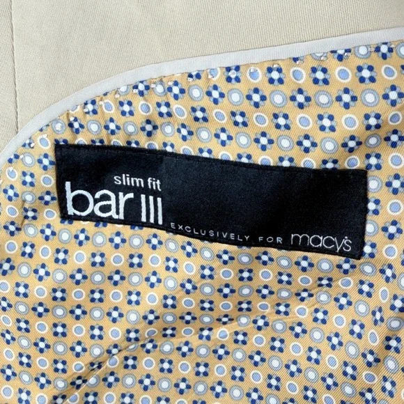 Bar III Slim Fit Mens Tan Cotton Blend 2-Piece Suit coat 42R pants 34W x 32L